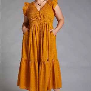 Anthropologie Smocked Ruffle Maxi Dress size XL gold